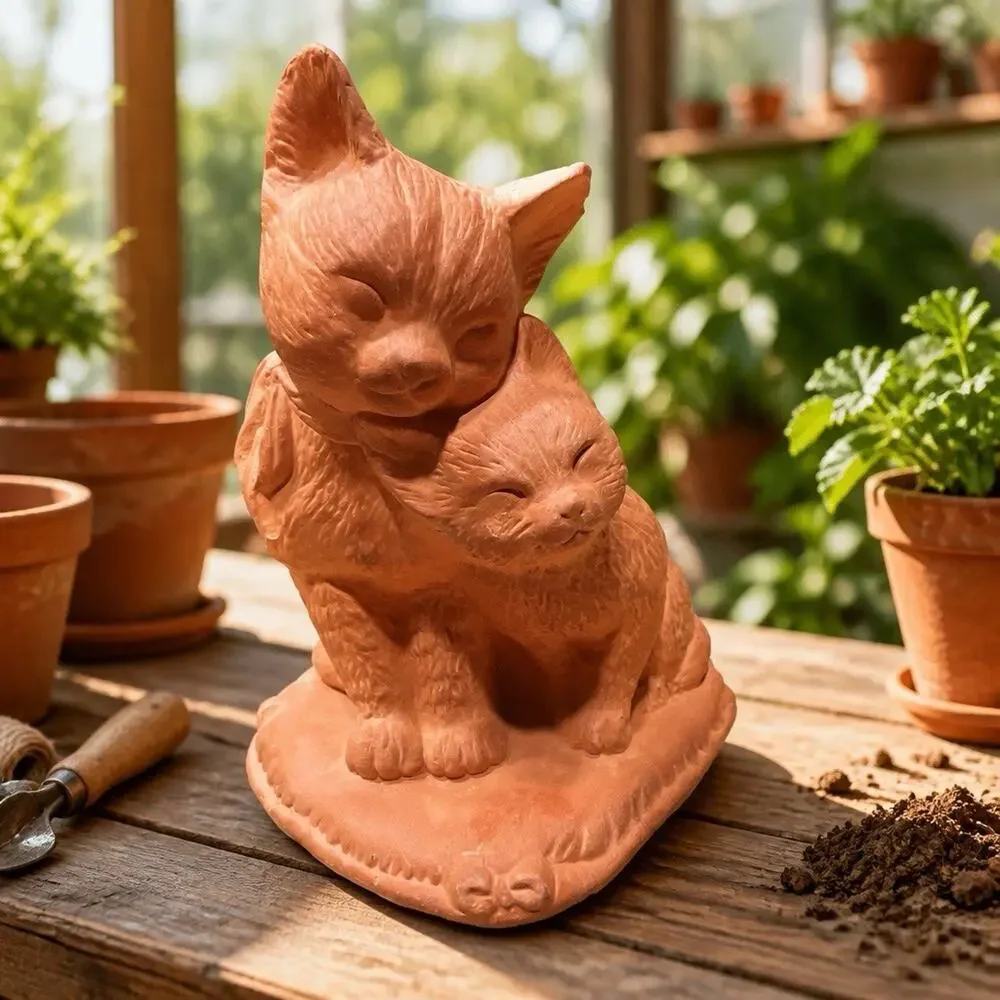 Crowning Touch Collection Terracotta Cat Figurine Depicting Two Snuggling Cat
